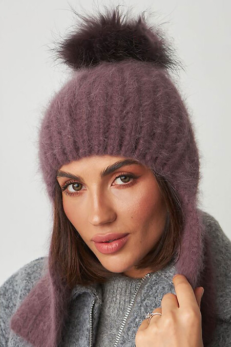 Women's hat with earflaps with pompom - #4496344