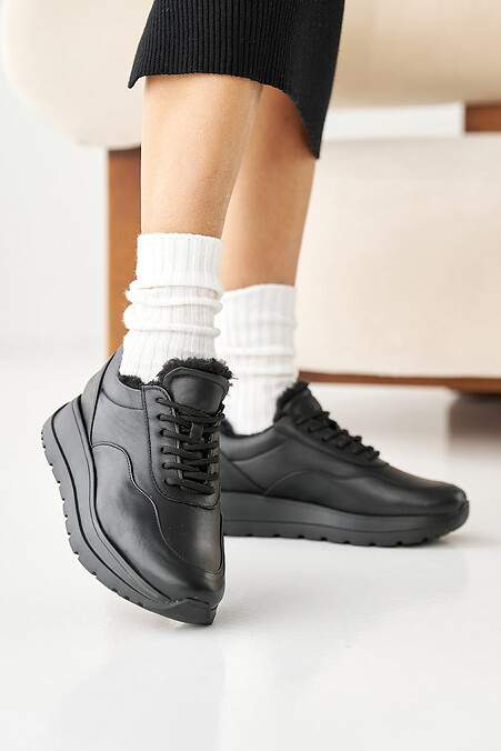 Women's leather black winter sneakers with fur - #8019908