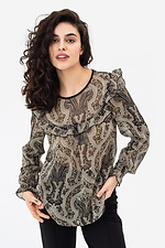 Жіноча блуза з рюшею бежевого кольору у візерунок Garne 3042035 фото №1