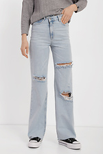 Високі прямі джинси блакитного кольору з рваними колінами  4014609 фото №1