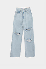 Высокие прямые джинсы голубого цвета с рваными коленями  4014609 фото №6