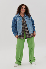 Комбинированная женская джинсовая куртка оверсайз с отложным воротником  4014626 фото №5