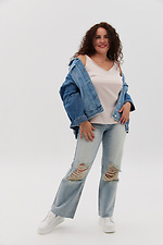 Комбинированная женская джинсовая куртка оверсайз с отложным воротником  4014626 фото №6