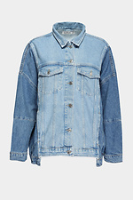 Комбинированная женская джинсовая куртка оверсайз с отложным воротником  4014626 фото №9