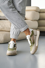 Зимние кожанные кроссовки для женщин бежевые с зелеными вставками  8019866 фото №7