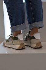 Зимові шкіряні кросівки для жінок бежеві з зеленими вставками  8019866 фото №13