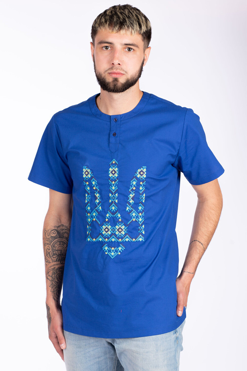 Blue cotton shirt for men in patriotic style with a trident in front ...