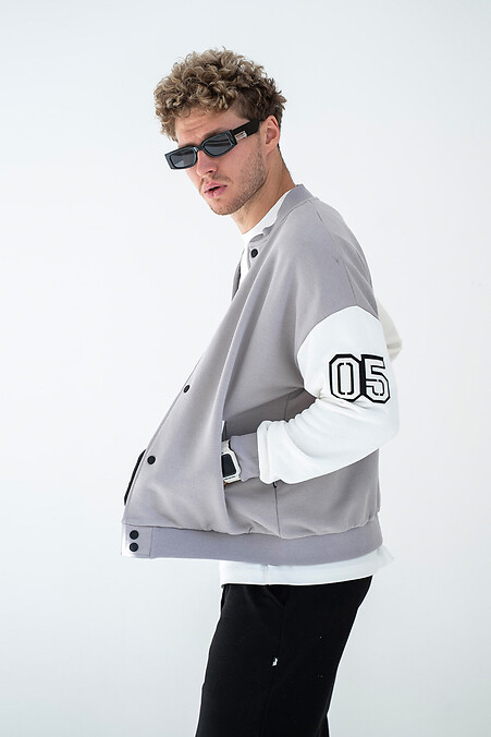 Мужская кофта бомбер на кнопках Oversize Petlia 23 Серый с молочным. Верхняя одежда. Цвет: серый. #8034014