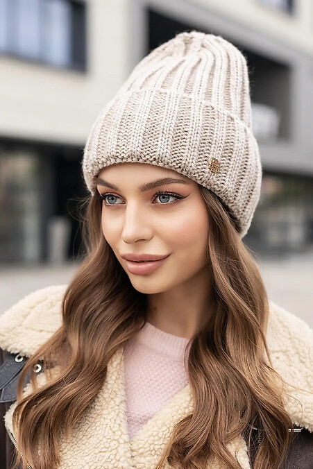 Knitted women's hat Victoria beige on microfleece. Hats, berets. Color: beige. #4051015