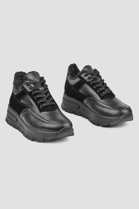 Black leather women's winter sneakers - #4206021