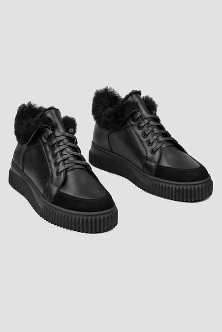 Stylowe zimowe sneakersy damskie wykonane z czarnej skóry naturalnej - #4206025