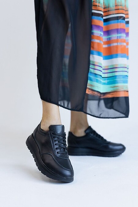 Женские кроссовки кожаные весна/осень черные - #8019028