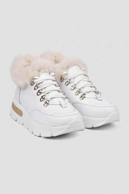 Winter women's leather sneakers white on fur - #4206035