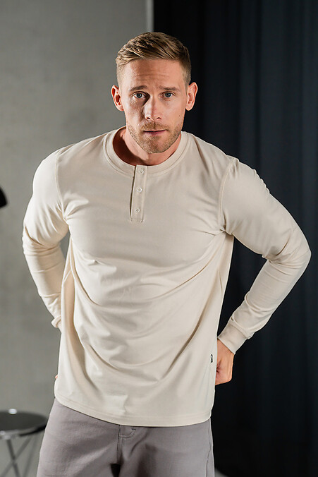 Herren-Strick-Longsleeve mit Knopfleiste Long Casual Sand. Rollkragenpullover, lange Ärmel. Farbe: beige. #8034038