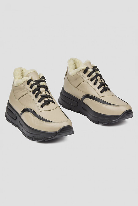 Women's winter leather sneakers of beige color - #4206041