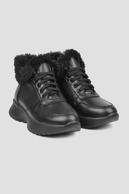 Women's winter leather sneakers of black color on the platform - #4206045