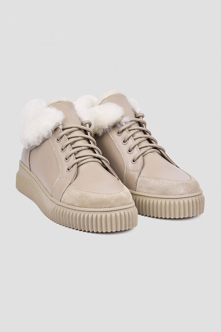 Beżowe zimowe sneakersy damskie wykonane ze skóry naturalnej - #4206047