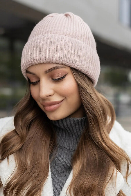 Knitted hat Camellia powder color on fleece. Hats, berets. Color: pink. #4051052