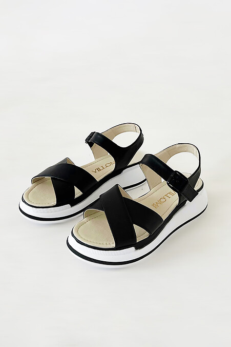 Schwarze Damensandalen aus Leder mit weißem Keilabsatz - #4207057