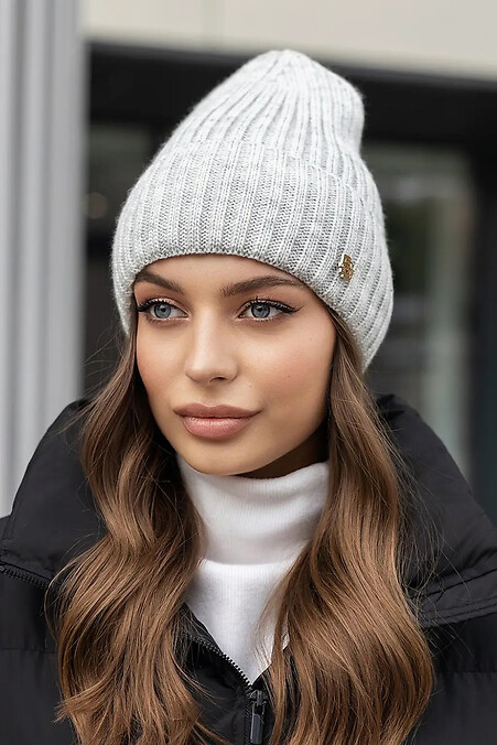 Women's knitted hat Lily gray color on fleece. Hats, berets. Color: gray. #4051065