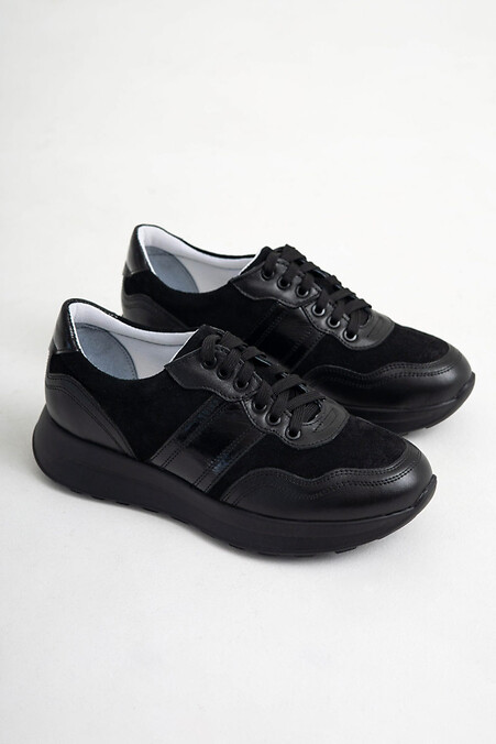 Женские кроссовки в комбинации кожи и замши черного цвета - #4206067