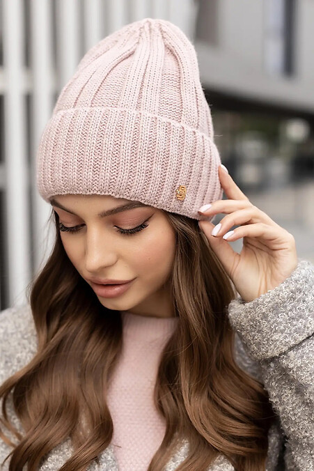 Nice knitted hat Maria powder color on fleece. Hats, berets. Color: pink. #4051070