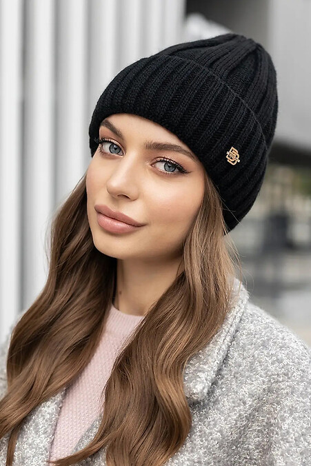 Knitted women's hat Maria black on fleece. Hats, berets. Color: black. #4051073