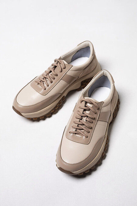 Women's sneakers in a combination of leather and suede in cappuccino color. - #4206073
