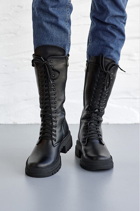 Женские ботинки кожаные зимние черные - #8019073