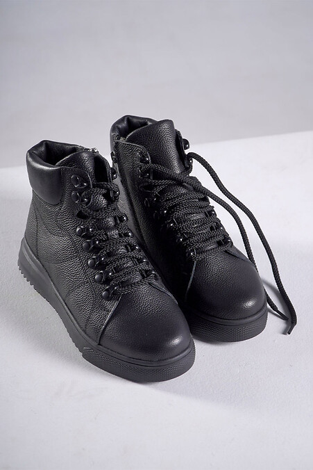 Schwarze Sportstiefel aus Leder mit Schnürung und Reißverschluss. Stiefel. Farbe: das schwarze. #4207076
