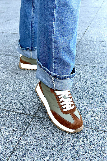 Damen-Sneaker aus olivgrünem Leder und Wildleder - #4207083