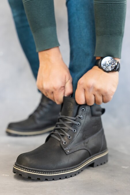 Męskie skórzane buty zimowe czarne. Buty. Kolor: czarny. #8019084