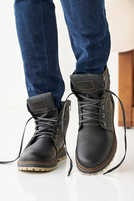 Męskie zimowe buty skórzane w kolorze czarnym - #2505099