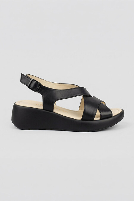 Schwarze Ledersandalen auf Keilabsatz — echtes Leder - #4207107