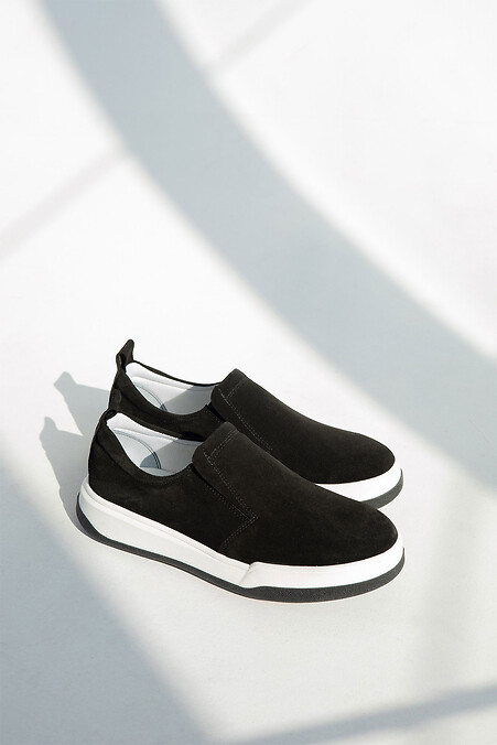 Women's black suede slip-ons. Slipons. Color: black. #4206108
