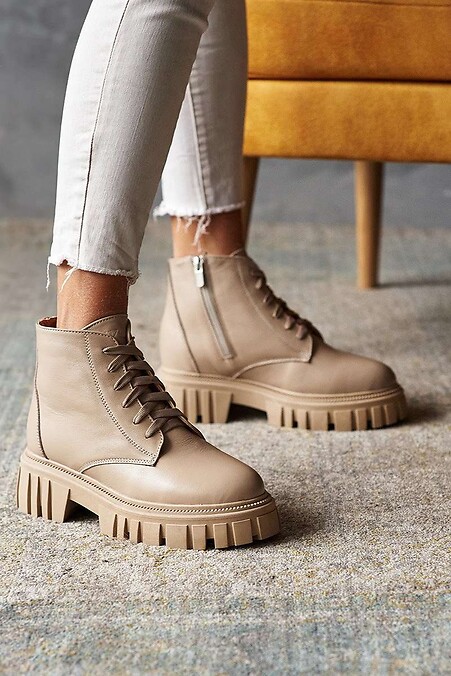 Женские ботинки кожаные зимние бежевые - #8019119