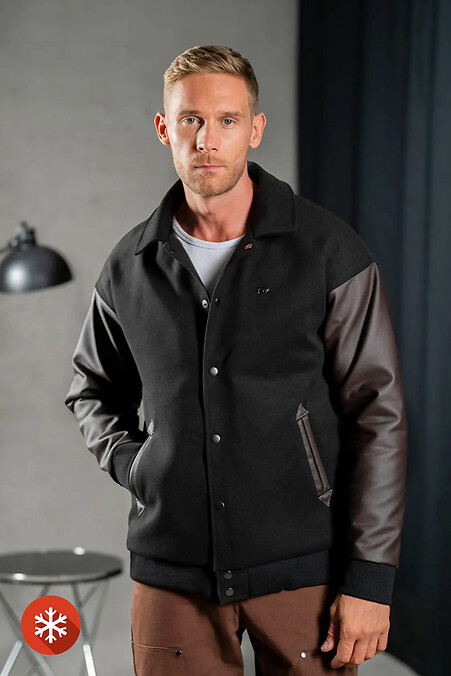 Men's Warm Cashmere Bomber Jacket TEAMV Casual Black with Brown Sleeves - #8034124