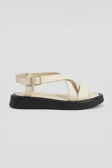 Milchfarbene Sandalen mit niedrigem Absatz und Schnallen – Echtleder - #4207126