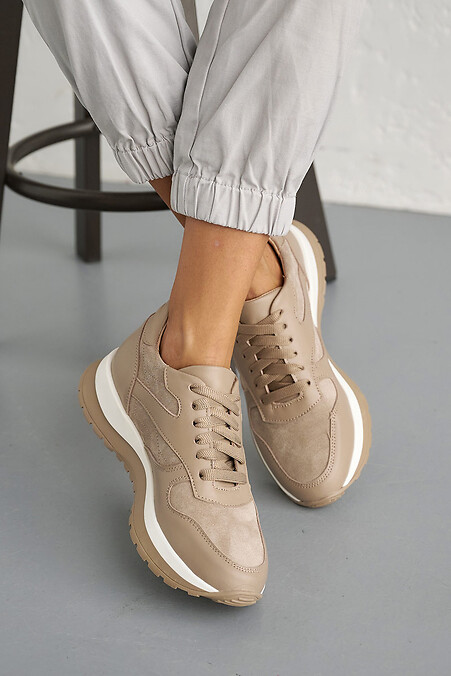 Women's leather sneakers spring - autumn beige - #2505131