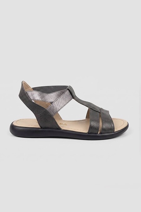 Summer dark sandals made of genuine leather with elastic bands - #4207132