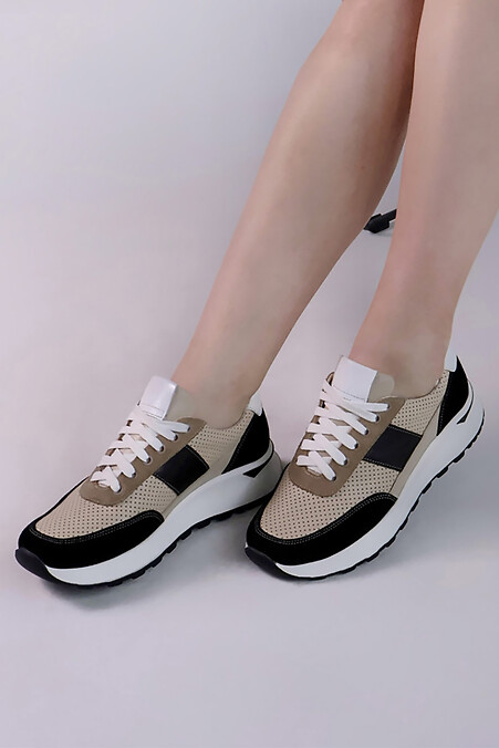 Women's beige leather sneakers with suede inserts - #4206134