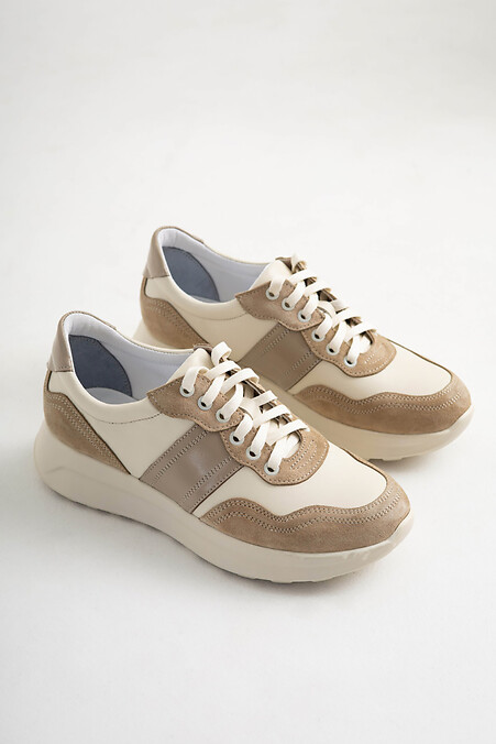 Women's sneakers in a combination of leather and beige suede - #4206136