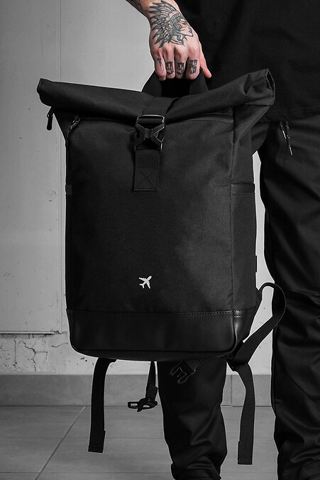 Herren-Schulrucksack mit Rolltop-Print, Plane-Print, Schwarz - #8055136