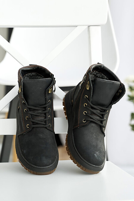 Skórzane, młodzieżowe buty zimowe w kolorze czarnym - #2505141