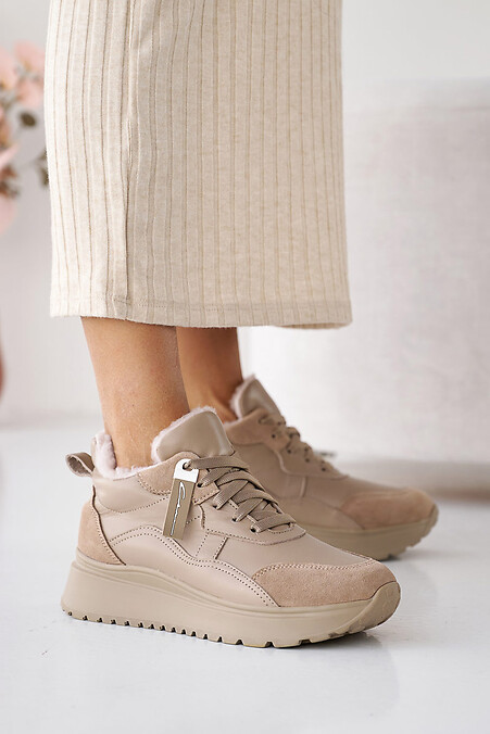 Women's beige winter leather sneakers. Sneakers. Color: beige. #2505142
