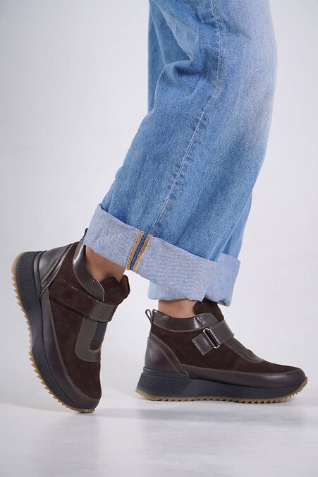Brown moccasins with velcro leather and suede — winter sneakers - #4207151
