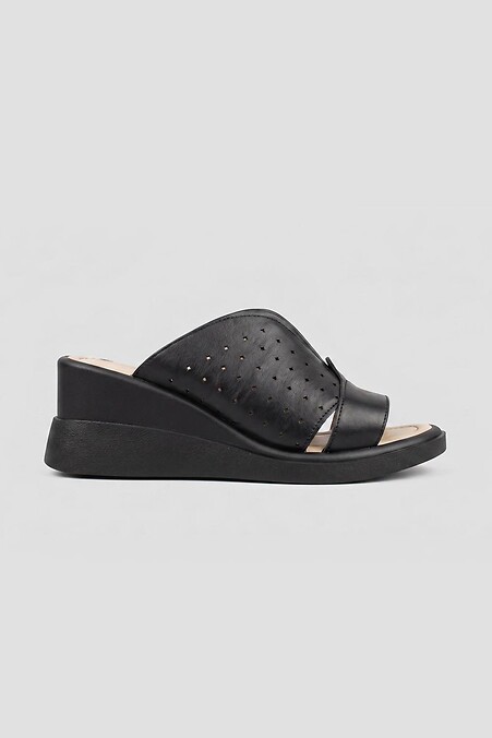 Black leather flip-flops clogs on a wedge - #4207160