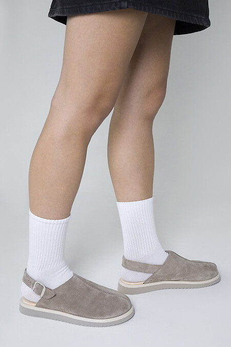 Women's beige closed sandals with a wide toe made of genuine suede - #4206161