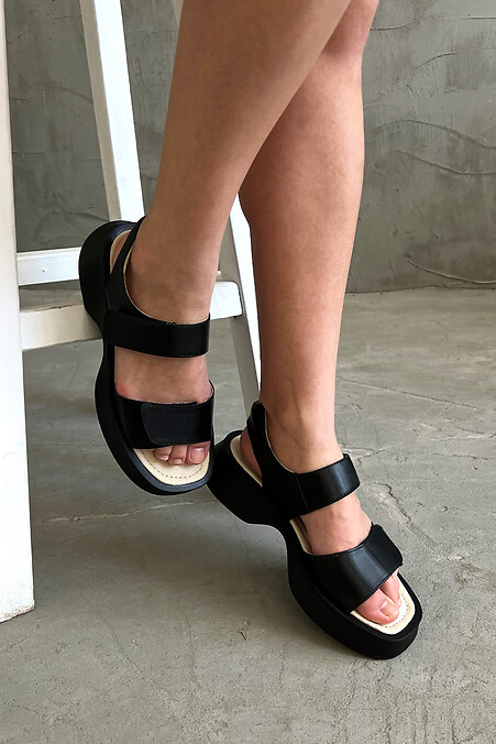 Women's black sandals made of genuine leather with velcro - #4206170