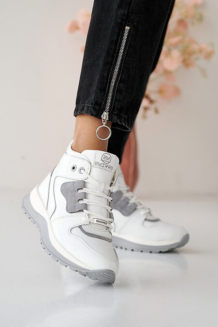 Women's leather winter sneakers, white and gray. - #2505174